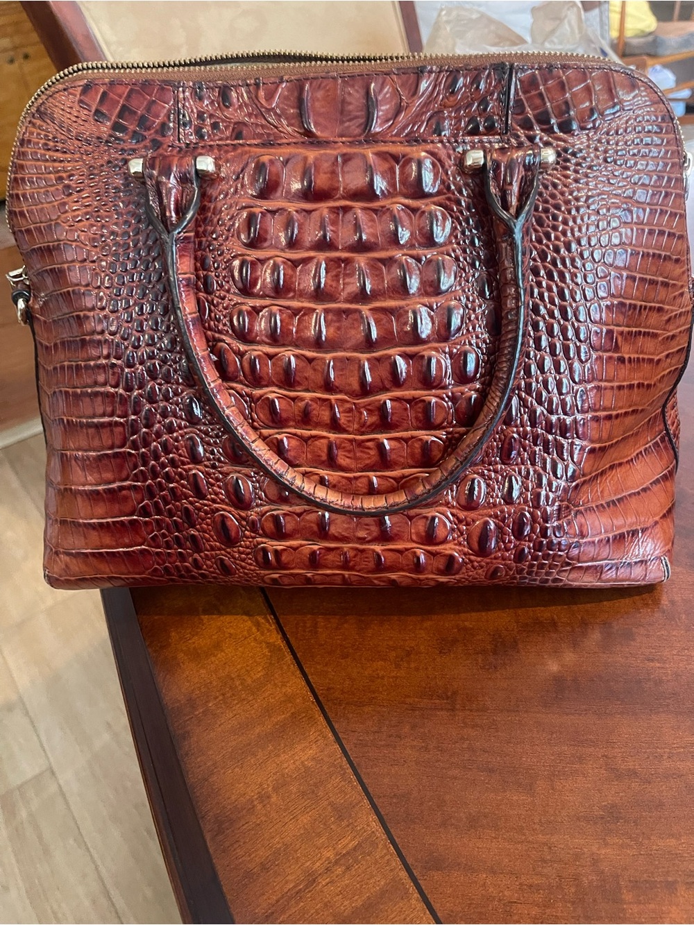 Brahmin Croc-Embossed Satchel in Deep Cognac Brown - Picture 2 of 5